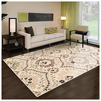 Superior Designer Augusta Collection Area Rug, 8mm Pile Height with Jute Backing, Beautiful Floral Scalloped Pattern, Anti-Static, Water-Repellent Rugs - Beige, 3' x 5' Rug