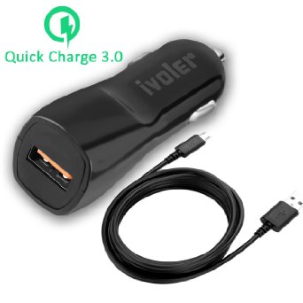 [Quick Charge 3.0] iVoler Adaptive Fast Charging 18W USB Car Charger for Samsung Galaxy S7/Edge/S6/Edge/Plus/Note 5, LG G5 and More [QC 2.0 & Type C Compatible] [with 6.6ft/2m Micro USB Cable]- Black
