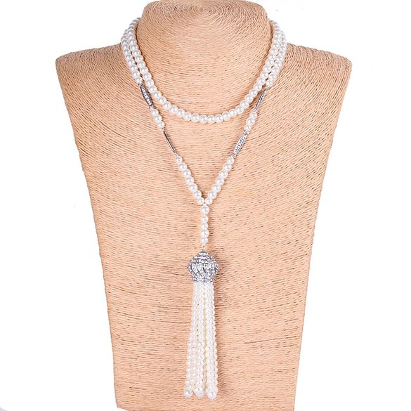 YallFF ART Deco 1920's Flapper the Great Gatsby Inspired Crown Tassel Necklace Rhinestone Crystal Faux Imitation Pearls Necklace