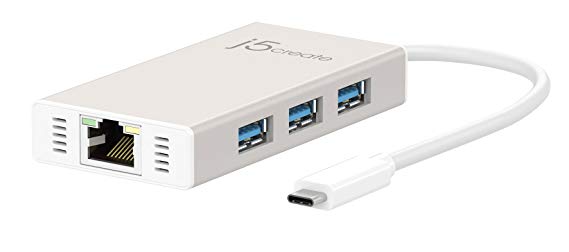 USB C Hub Adapter Dongle by j5create | USB Type C Cable to 3-Port USB 3.0 & Gigabit Ethernet 1000Mbps | Compatible with Apple MacBook, Windows, Chrome, Linux Laptops, Tablets and Type C Devices