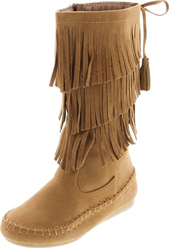 Link Candice-16Ka Girls Mid Calf 3 Layer Fringe Boots,Tan,4