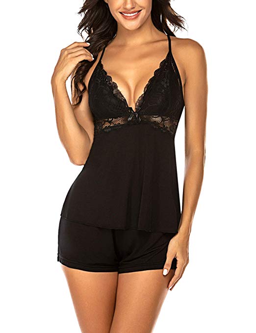 ELOVER Sexy Pj Sets for Women Lace Cami and Shorts Pajama Set V-Neck Sleepwear