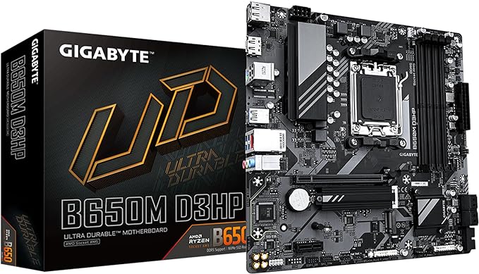 GIGABYTE B650M D3HP (AM5/ LGA 1718/ AMD/ B650/ Micro ATX/ 5-Year Warranty/ DDR5/ 2X PCIe 4.0 M.2/ PCIe 4.0/ USB 3.2 Gen2 Type-C/ 2.5GbE LAN/Motherboard)