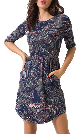 Zevrez Women's 3/4 Sleeve Elastic Waist and Long Sleeve A-Line with Belt (2 Choices) Round Neck Floral Loose Casual Dress