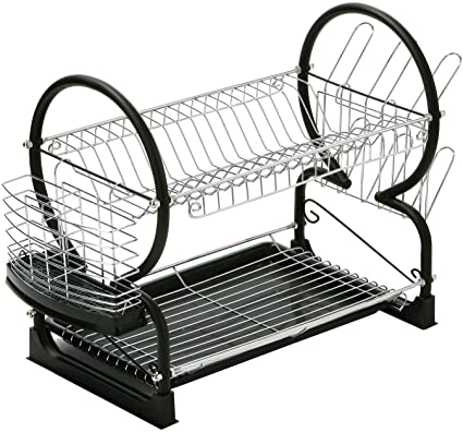 Premier Housewares Two Tier Dish Drainer Black Rack with Glass Utensil Cutlery Caddy and Drip Tray