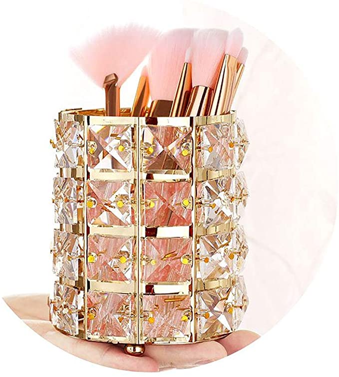 Pahdecor Handcrafted Crystal Makeup Brush Holder Eyebrow Pencil Pen Cup Collection Cosmetic Storage Organizer for Vanity,Bathroom,Bedroom,Office Desk (Gold)