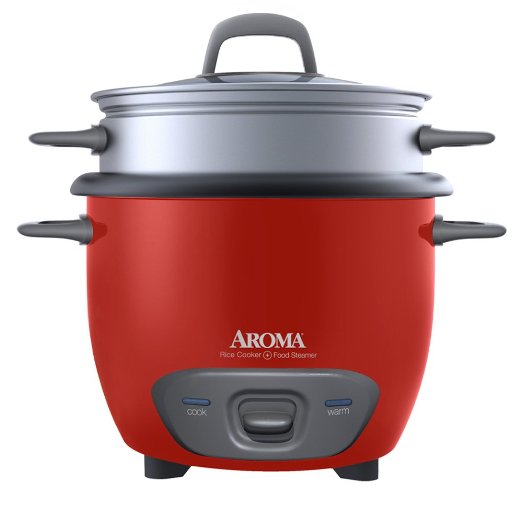 Aroma Arc-743-1Ngr 3-Cup, Uncooked 6-Cup, Cooked Rice Cooker and Food Steamer, Red