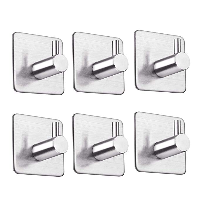 EKKONG 6 Pack Self Adhesive Hooks, Stainless Steel Stick Hooks Towel Stands Office Strong Sticky Wall Hook Rustproof Waterproof for Bathroom, Kitchen and Bedroom (6 Pack) (6pcs)