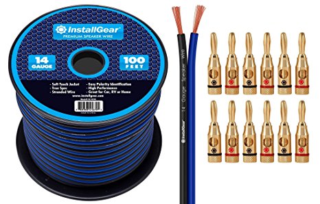 InstallGear 14 Gauge AWG 100ft Speaker Wire Cable with 12 Banana Plugs