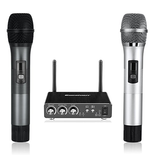 Excelvan K28 Dual Wireless Microphone Bluetooth with Receiver Box Various Frequency Full-Metal for Home KTV Education (Grey Silver)