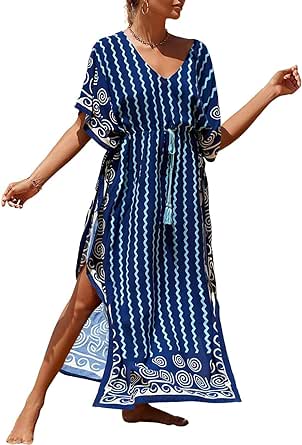 Bsubseach Plus Size Caftans for Women Long Kaftan Dresses Swimsuit Cover Up with Waist Drawstring Wavy Stripes