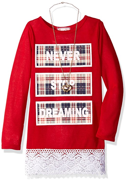 Dream Star Girls' Hacci Long Sleeve Screen Top with Necklace and Crochet Hang