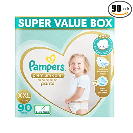 Pampers Premium Care Pants, Extra Large size baby diapers (XXL), 90 Count, Softest ever Pampers pants