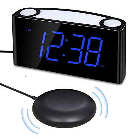 Alarm Clock Raynic Vibranting Alarm Clock for heavy sleepers 7" Display Loud Alarm Clock with Bed Shaker,Dimmer,Night Light,12/24H, DST,2 USB Charger, Snooze, Battery Backup for Bedrooms (Blue Shaker)