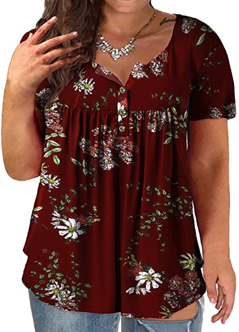 VOGRACE Plus-Size Tops for Women Summer Henley Shirts Flowy Tunics Tee