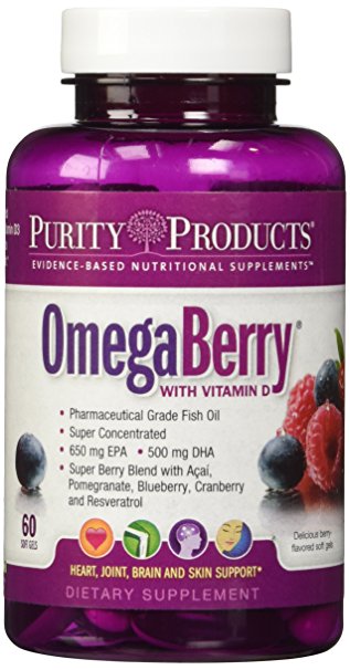 Purity Products - OmegaBerry Fish Oil with Vitamin D3 & Organic Acai - 60 Soft Gels - 30 Day Supply