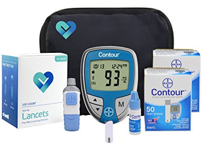 OWell Bayer Contour Complete Diabetes Blood Glucose Testing Kit, METER, 100 Test Strips, 100 Lancets, Lancing Device, Control Solution, Manual, Log Book & Carry Case