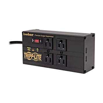 Tripp Lite Isobar 4 Outlet Surge Protector Power Strip with 2 USB Charging Ports, 8ft Long Cord, Right-Angle Plug, Metal, 3330 Joules, Lifetime Limited Warranty & $50K Insurance (IBAR4ULTRAUSBB)