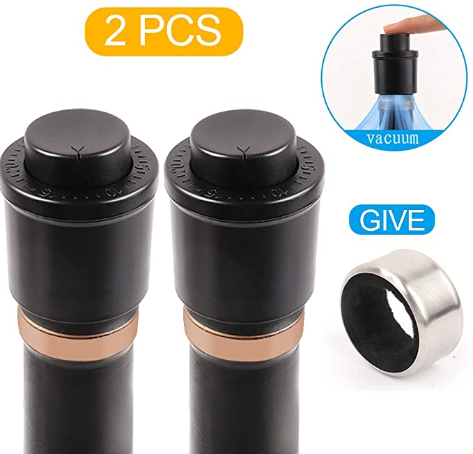 Wine Bottle Stoppers, Vacuum Wine Bottle Stopper with Time Scale Recording, 2 PCS Wine Stoppers With Vacuum and1PCS Wine bottle collars