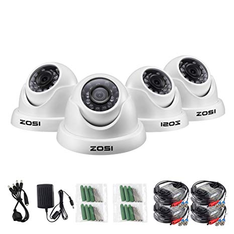 ZOSI 4 Pack HD-TVI 1.0MP 1280TVL(720P) Weatherproof Outdoor/Indoor Day Night Dome Security Cameras System,Night Vision Up to 65FT(20M)