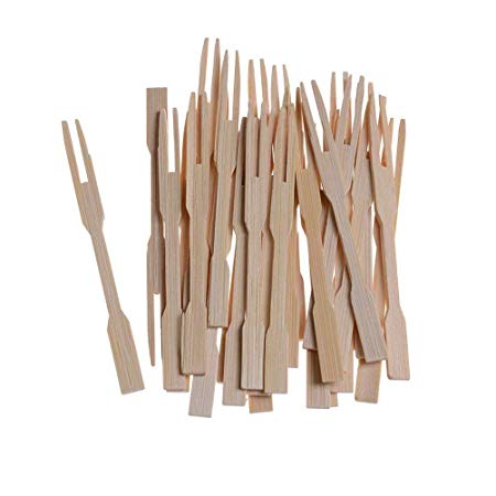 100 Wooden Cocktail Fork Sticks,3.5 Inch Bamboo Skewers With Two Prong Sharp Perfect For Parties,Buffets,Food Tastings etc By DINGJIN
