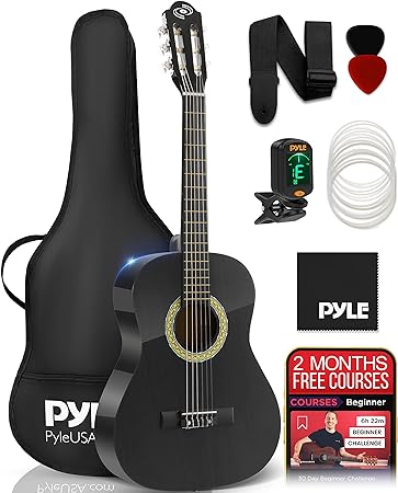 Pyle Classical Acoustic Guitar Kit, 3/4 Junior Size All Wood Instrument for Beginner Kids, Adults, 36" Glossy Black