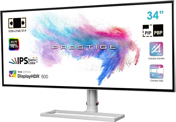 MSI Prestige PS341WU Creator Monitor 34 Inch, 5K2K WUHD, Nano IPS, 60Hz, 5120x2610, 21:9, VESA Certified DisplayHDR 600, Anti-Glare, 2x HDMI, 1x DP, Adjustable Stand, Designed for Content Creation