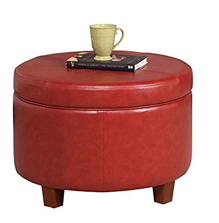 HomePop Large Leatherette Round Storage Ottoman with Removeable Lid, Cinnamon Red
