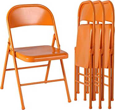 VECELO Metal Frame Folding Hold Up to 350 Pounds, Mounted Steel Chairs with Triple Braced & Double Hinged Back for Home Office, Set of 4, Orange