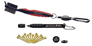 VersaGolf Golf Club Cleaning Brush and Groove Tool COMBO - Keep Your Clubs in Top Shape - Improves Backspin and Ball Control - FREE Ball Markers and 12 Bamboo Tees - Use on Woods and Irons - Gift Set