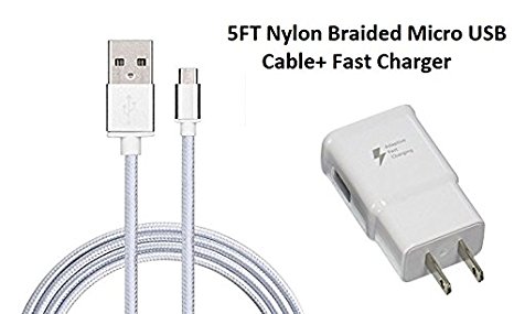 Galaxy S7 S7 Edge S6 S6 Edge LG G2 G3 G4 for Samsung Adaptive Fast Charger Micro USB 2.0 Cable{Wall Charger + 5FT Nylon braidCable} Fast Charging for up to 50% faster charging (WHITE) Premium version