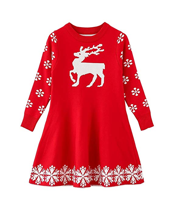 SMILING PINKER Little Girls Christmas Dress Reindeer Snowflake Xmas Gifts Winter Knit Sweater Dresses