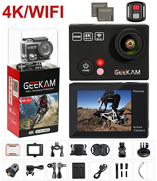 Action Camera 4K, Waterproof Action Camera cam with Wifi Remote Control 4K 25Fps 2.7K 12MP Ultra HD 170 Degree Wide Angle Sport Helmet Bike Camera with 2PCS Rechargeable Batteries 19 Accessories Kits