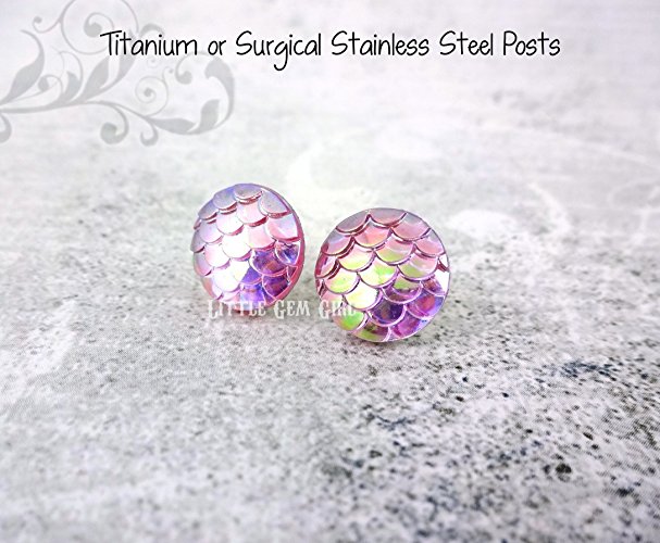 Small Iridescent Light Pink Color Changing Dragon or Mermaid Scale Stud Earrings - 10mm or 12mm Round w/ Titanium or Surgical Stainless Steel Posts Nickel Free for Sensitive Ears