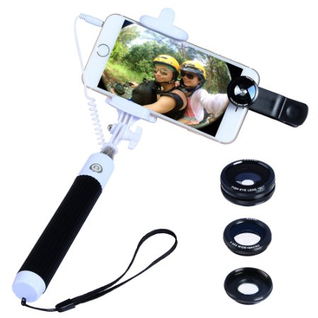 Apexel Mini Foldable Wired Built-in Remote Shutter Selfie Stick Monopod  3 in 1 Fisheye Wide Angle Macro Phone Lens Kit for iPhone Samsung Black