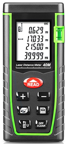 Laser Distance Meter, Portable Handheld Laser Measure with Bubble Level Rangefinder Range Finder Tape measureTool 0.05 to 40m (0.16 to 131ft) Large LCD with Backlight