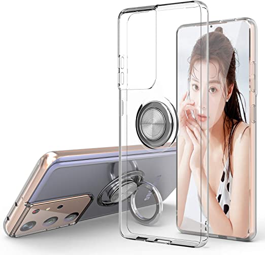 Galaxy S21 Ultra Case, Clear Body Soft TPU Shockproof Case with 360 Degree Rotation Ring Kickstand(Work with Magnetic Car Mount) for Samsung Galaxy S21 Ultra,Clear