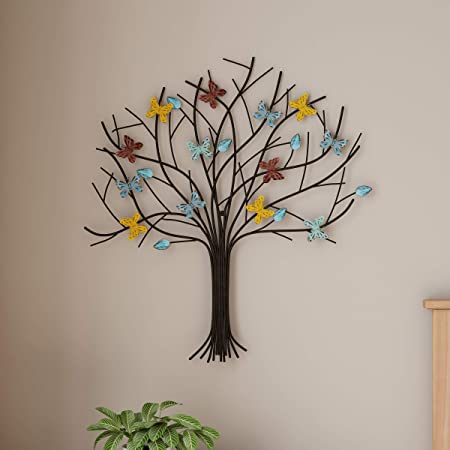 Lavish Home Tree of Life Metal Wall Art Hand Painted 3D Butterflies/Leaves for Modern Farmhouse Rustic Home or Office Decor