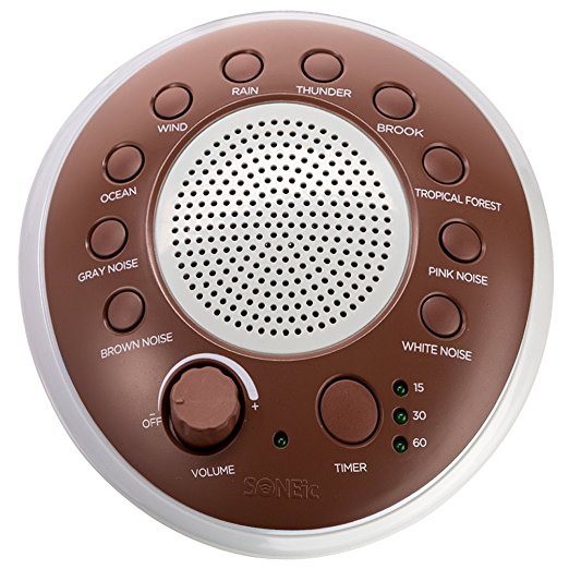 SONEic - Sleep, Relax and Focus Sound Machine. 10 Soothing White Noise and Natural Sound Tracks, with Timer Option. Crystal Clear Quality Sound Speaker & Headphone Jack. USB or Battery Powered - Brown
