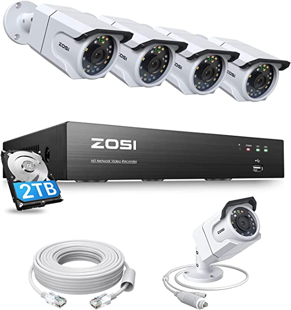 ZOSI 4K Ultra HD Security Camera System,H.265  8 Channel 4K Video Surveillance NVR with 2TB HDD,5pcs 8MP Outdoor Bullet Cameras,Night Vision,Human Detection,IP66 Weatherproof,for 24/7 Recording