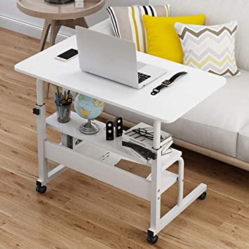 Allywit Adjustable Mobile Computer Desk 60x40cm Computer Desk Cart, Height-Adjustable from 69cm to 90cm, with 2 Layer Storage Shelf TV Stand Side Laptop Table for Home Office Desk (White)