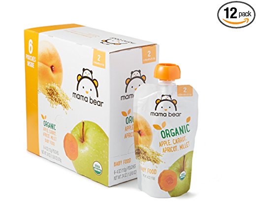 Amazon Brand - Mama Bear Organic Baby Food, Stage 2, Apple Carrot Apricot Millet, 4 Ounce Pouch (Pack of 12)
