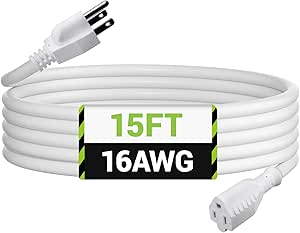 BN-LINK 15ft Outdoor Extension Cord, 3-Prong, 16 Gauge General Purpose Power Cord, Grounded Plug, White, for Landscaping & Holiday Decorations, Home & Office, 13A, ETL