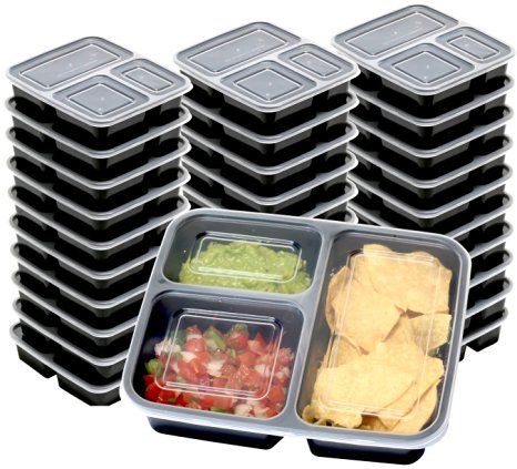 30 Value Pack - SimpleHouseware 3 Compartment Reusable Meal Prep Food Storage Container Lunch Boxes, Stackable and Dishwasher, Microwave, Freezer Safe (36 ounces)