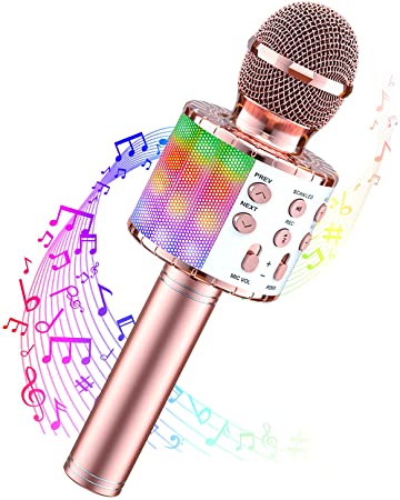 Wowstar Karaoke Bluetooth Microphone, 5 in 1 Wireless Microphone for Kids Adults, Dancing LED Lights Portable Speaker Karaoke Machine for Home KTV Party Singing (Rose Gold)