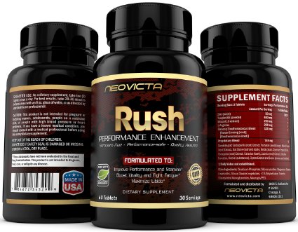#1 Most Potent Male Performance Enhancement Supplement - Increase Size, Stamina, Energy & Libido Fast - RUSH by Neovicta - Powerful All Natural Testosterone Support - 60 Count - Money Back Guarantee