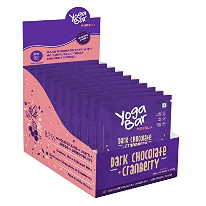 Yogabar Muesli  Wholegrain Breakfast Muesli - Dark Chocolate   Cranberry, 40g*10 (Pack of 10 Pouch)