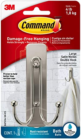 Large Double Bath Hook, Satin Nickel, 1-Hook, 1-Large Water-Resistant Strip, Organize Damage-Free