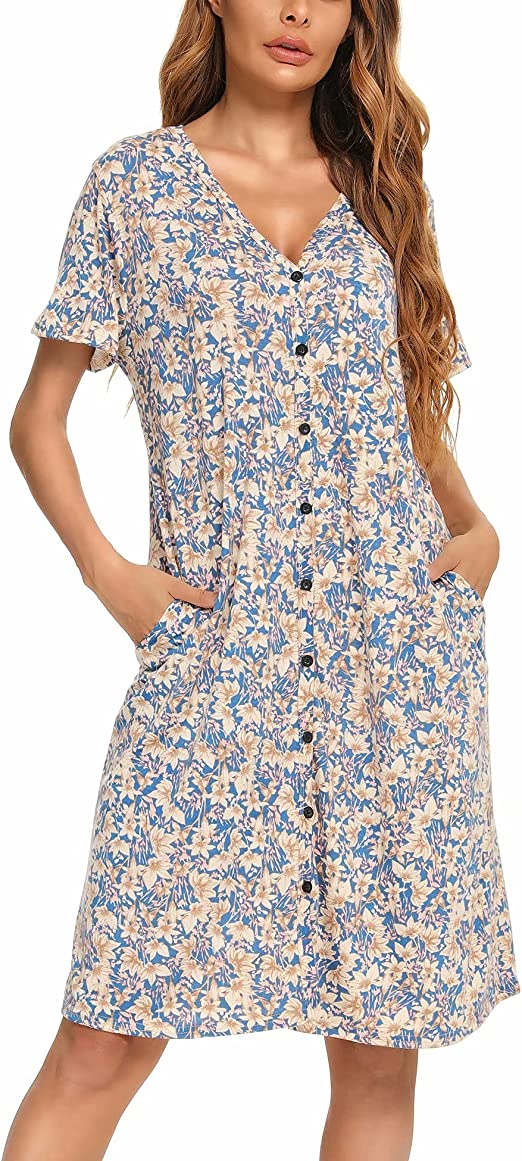 Bloggerlove Womens Night Shirt for Sleepwear Button Down Nightgowns Short Sleeve Sleep Dress Print Mumu House Dress