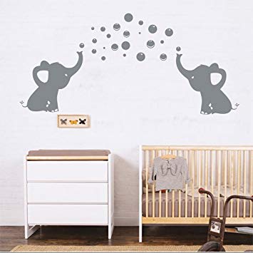 LUCKKYY Elephant Family Wall Decal Removable Vinyl Wall Art Elephant Bubbles Wall stickers Baby Nursery Wall Decor (Grey)